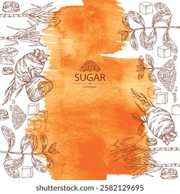 Watercolor background with varios shugar: beet sugar, cane sugar, stevia sugar. Vector hand drawn illustration.