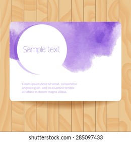 Watercolor background vector. Card with watercolor stain background. Hand drawn illustration. Can be used for banner, cards etc. With space for your text. Wooden texture. 