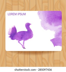 Watercolor background vector. Card with watercolor stain. Hand drawn illustration. Can be used for banner, cards etc. With space for your text. Silhouette of the bird. Wooden texture. 