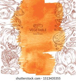 Watercolor background with vegetables: artichoke, pumpkin, zucchini and eggplant. Vector hand drawn illustration.