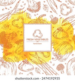 Watercolor background with vegetables: broccoli, pumpkin, french green beans, pepper. Vector hand drawn illustration.