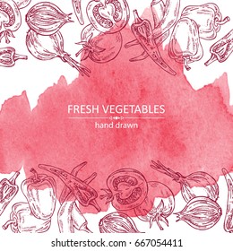 Watercolor background with vegetables: chili pepper, tomato, pepper, onion. Vector hand drawn illustration.
