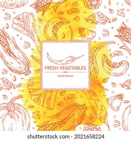 Watercolor background with vegetables: corn, pumpkin, chilli pepper and leek. Vector hand drawn illustration.