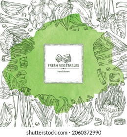 Watercolor background with vegetables: french green beans, artichoke, leek and onion. Vector hand drawn illustration