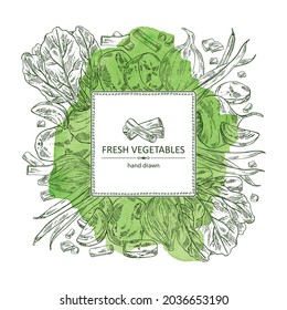 Watercolor background with vegetables: full onion and onion slices, potatoes, french green beans and full beetroot and piece of beet. Vector hand drawn illustration.