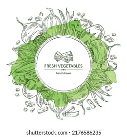 Watercolor background with vegetables: full onion and onion slices, potatoes, french green beans and full beetroot and piece of beet. Vector hand drawn illustration.