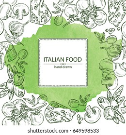 Watercolor background with vegetables, garlic, tomatoes, olives, cheese and champignon. Vector hand drawn illustration
