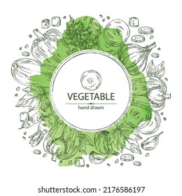 Watercolor background with vegetables: pepper, full carrot and slices, zucchini and garlic. Vector hand drawn illustration.