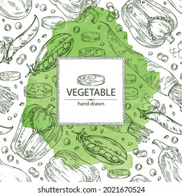 Fondo acuático con verduras: pimienta, raíz y un pedazo de daikón, vaina de guisantes y berenjenas. Ilustración dibujada a mano por vectores.