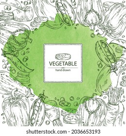 Fondo acuático con verduras: pimienta, raíz y un pedazo de daikón, vaina de guisantes y berenjenas. Ilustración dibujada a mano por vectores.