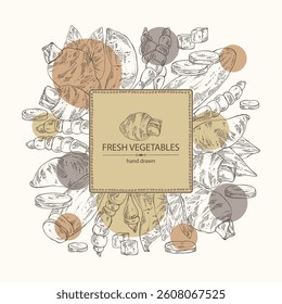 Watercolor background with vegetables: taro root, tuber of yams, yacon, chinese artichoke. Vector hand drawn illustration.