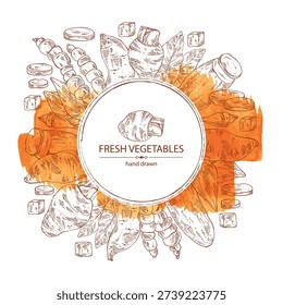Watercolor background with vegetables: taro root, tuber of yams, yacon, chinese artichoke. Vector hand drawn illustration.