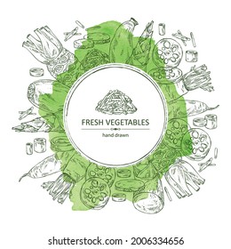 Watercolor background with vegetables: wasabi root, lotus root, daikon radish and bamboo shoots. Vector hand drawn illustration.