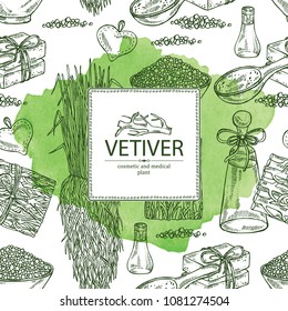 Watercolor background with vetiver: root and plant of vetiver. Oil, soap and bath salt . Perfumery, cosmetics and medical plant. Vector hand drawn illustration