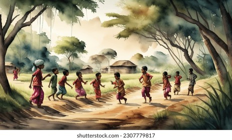 fondo acuático, vida de pueblo, niños jugando en el suelo, fondo natural. Paisaje paisajístico rural dibujado a mano Ilustración fondo, paisaje acuarela colorido de aldea