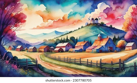 watercolor background, Village life, Nature background. Hand-drawn rural scene Landscape Illustration Background, Watercolor landscape painting colorful of village, Watercolor landscape original paint