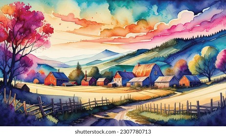 watercolor background, Village life, Nature background. Hand-drawn rural scene Landscape Illustration Background, Watercolor landscape painting colorful of village, Watercolor landscape original paint