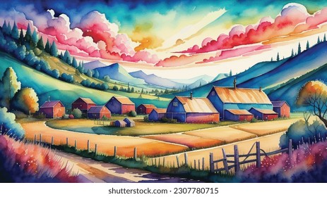 watercolor background, Village life, Nature background. Hand-drawn rural scene Landscape Illustration Background, Watercolor landscape painting colorful of village, Watercolor landscape original paint