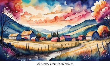 watercolor background, Village life, Nature background. Hand-drawn rural scene Landscape Illustration Background, Watercolor landscape painting colorful of village, Watercolor landscape original paint