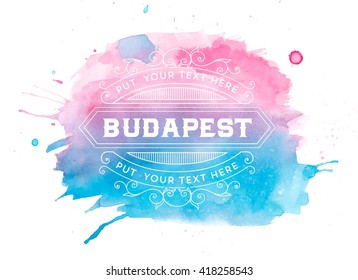 Watercolor background with vintage logo, Hotel. Design with Flourishes Elegant Design Elements. Vector Illustration