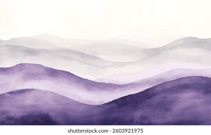 watercolor background, violet purple mountain landscape with clouds	

