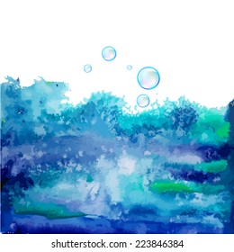 Watercolor background with water bubbles. Vector