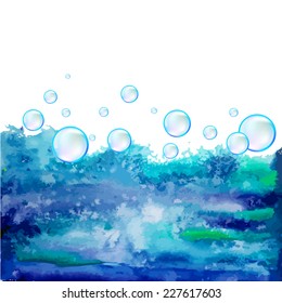 Watercolor background with water bubbles. Vector 