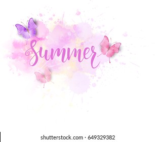 Watercolor background with watercolored butterflies. Vector illustration.