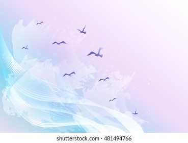 Watercolor background with waves. Abstract sky with clouds and birds. EPS10 vector illustration