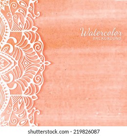 Watercolor background, wedding invitation or greeting card design with lace pattern, beautiful luxury postcard, ornate page cover, ornamental vector illustration