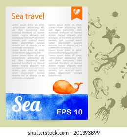 Watercolor background with whale. Vector. Can be used for wallpaper, background,  pack, web page, banner.