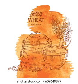 Watercolor background with wheat: bag and plate with flour, grain and spikelets. hand drawn,
