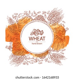 Watercolor background with wheat: plate and bag with wheat flour and wheat grain. Vector hand drawn illustration.