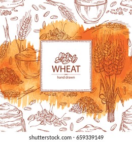 Watercolor background with wheat: plate and bag with flour and grain. Vector hand drawn illustration