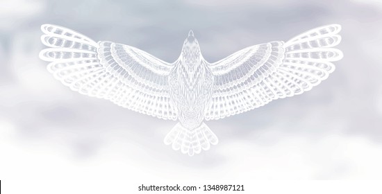 Watercolor background with white flying bird. Horizontal banner with tender nature ornament. Cloudy sky and dove. To be use for Invitation card, print t shirt. Pastel colors.