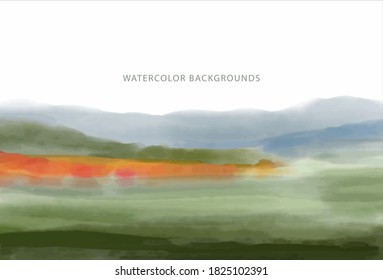 watercolor background, wide green forest, mountain