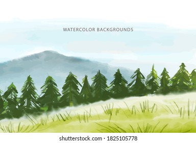 watercolor background, wide green forest, mountain