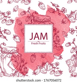 Watercolor background with wild strawberry and jar of jam with wild strawberry. Vector hand drawn illustration