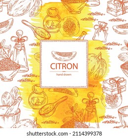 Watercolor background witht citron: fruts, citron flower, leaves, zedrate slice, bath salt, soap and beauty products.  Cosmetic, perfumery and medical plant. Vector hand drawn