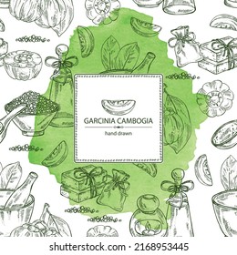 Watercolor background witht garcinia cambogia: garcinia fruts leaves, bath salt, soap and beauty products.  Cosmetic, perfumery and medical plant. Vector hand drawn