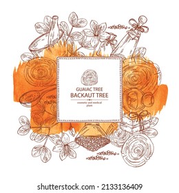 Watercolor background witht guaiac tree: wood, flower, leaves and  piece of backaut tree, bath salt, soap and beauty products.  Cosmetic, perfumery and medical plant. Vector hand drawn
