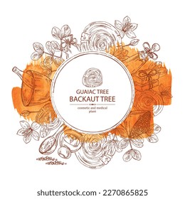 Watercolor background witht guaiac tree: wood, flower, leaves and  piece of backaut tree, bath salt, soap and beauty products.  Cosmetic, perfumery and medical plant. Vector hand drawn