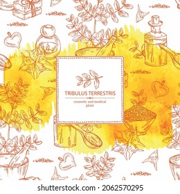 Watercolor background witht tribulus terrestris: flowers of tribulus terrestris, branch, leaves, and bath salt, soap and beauty products.  Cosmetic, perfumery and medical plant. Vector hand drawn