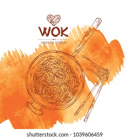 Watercolor background with wok: chinese noodles, wok with noodles and chopsticks with noodles. Vector hand drawn illustration