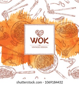 Watercolor background with wok: chinese noodles, wok with noodles and chopsticks with noodles. Vector hand drawn illustration