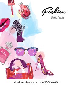 Watercolor background with women's accessories. Fashion illustration. 