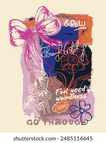 Watercolor background for women's t-shirt flowers and groovy print design , bow print artwork with hand drawn text print , mushroom, flowers, brush texture , glitter print , summer flowers graphics 