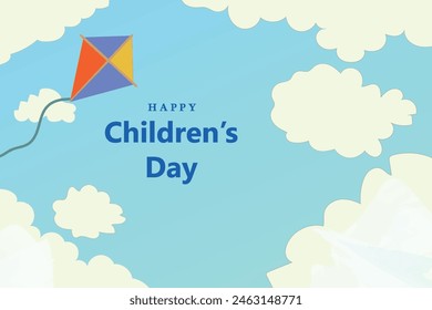 Watercolor background for world children's day celebration with kids playing field background, Kite flying, Cloud