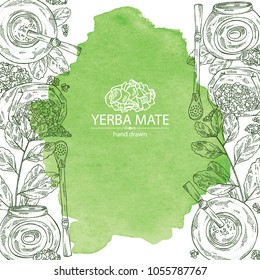 Watercolor background with yerba mate: drink mate, bomber, calabash, and mate branch and leaves. Vector hand drawn illustration.