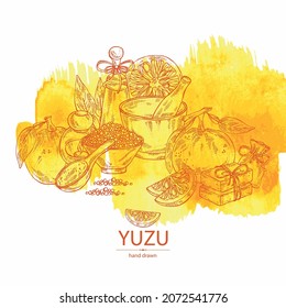Watercolor background with yuzu: fruts, leaves, yuzu slice and bath salt, soap and beauty products. Citrus junos. Cosmetic, perfumery and medical plant. Vector hand drawn illustration.